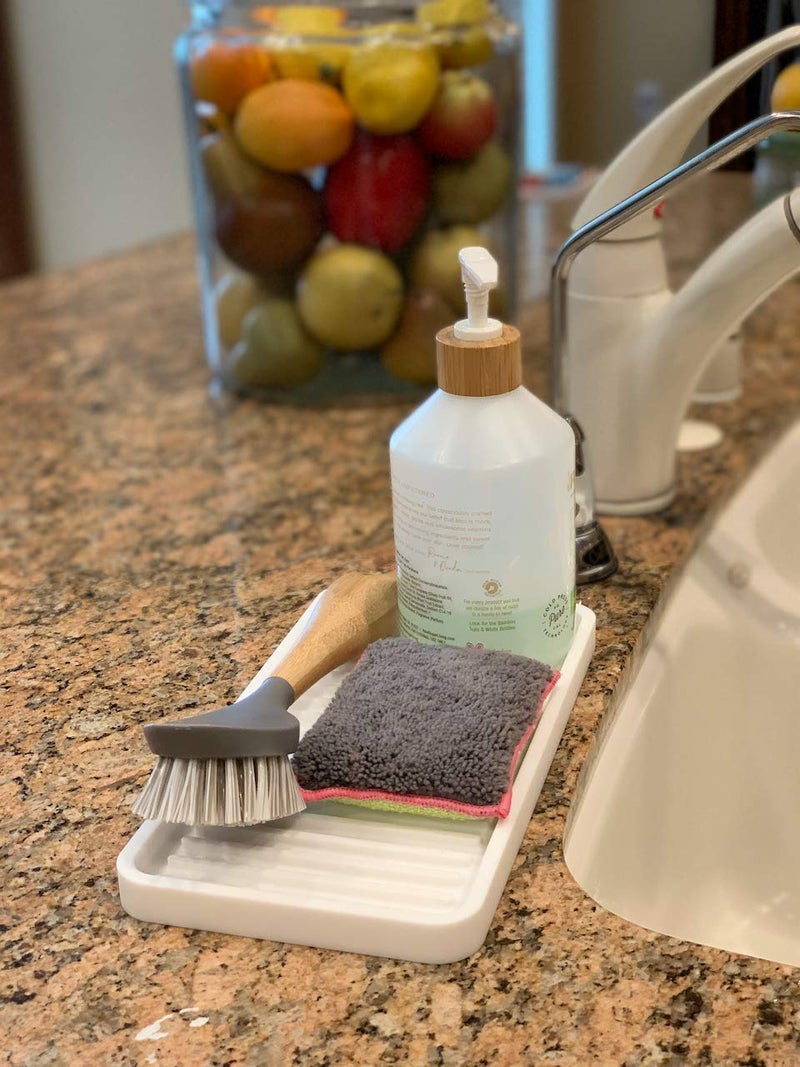 Happitasa Silicone Kitchen Sink Organizer Tray  Sponge Holder and Countertop Protector | Bathroom and Kitchen Soap Dish and Dispenser Tray (White  10""x5.25"") - Image 2